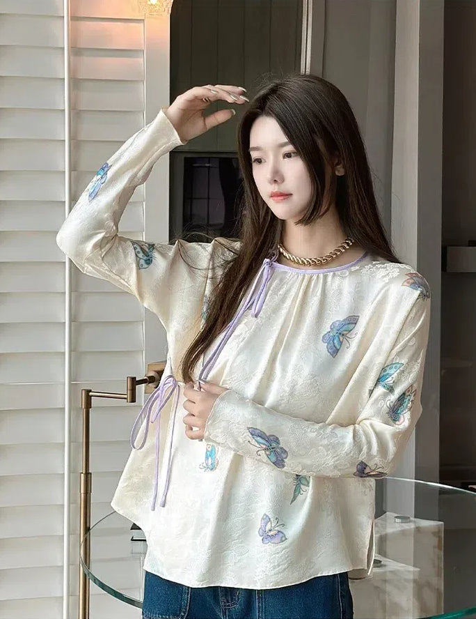 Women Butterfly Print Long Sleeve Tops