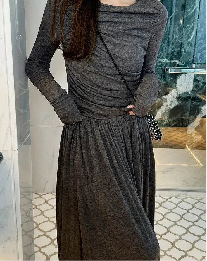 Women Long Sleeved Wrinkle Dress